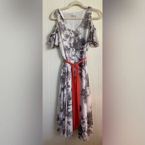 Dress Barn Dress Women’s 4 Gray White Floral Orange Sash Maxi Ruffles Fairy